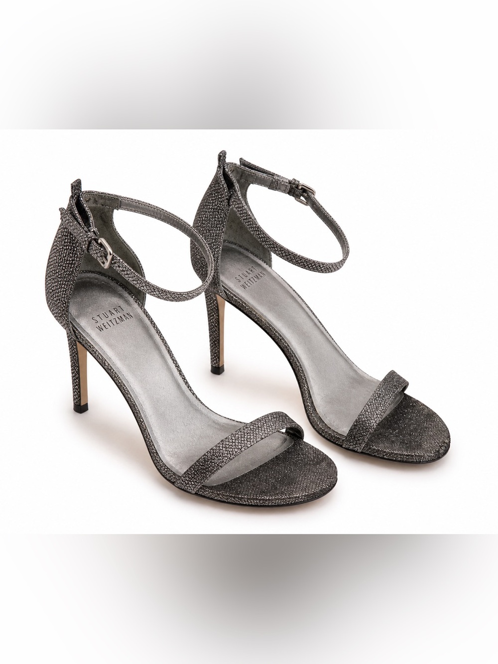 Stuart Weitzman Metallic Silver Glitter Ankle-Strap Heels
